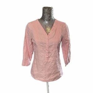 Light Pink Linen Button Up V Neck 3/4 Sleeve Blouse Shirt Small Coastal Lagom